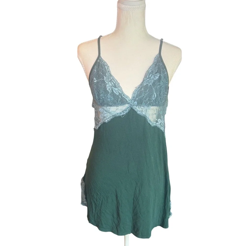 Avidlove‎ Forest Green Lace Trim Open Back Tie Halter Chemise Babydoll S